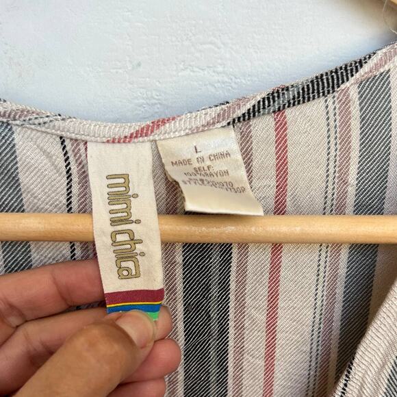 Mimi Chica Beige Multi Colored Striped Tie Front Button Down midi Dress-sz L - Picture 3 of 6